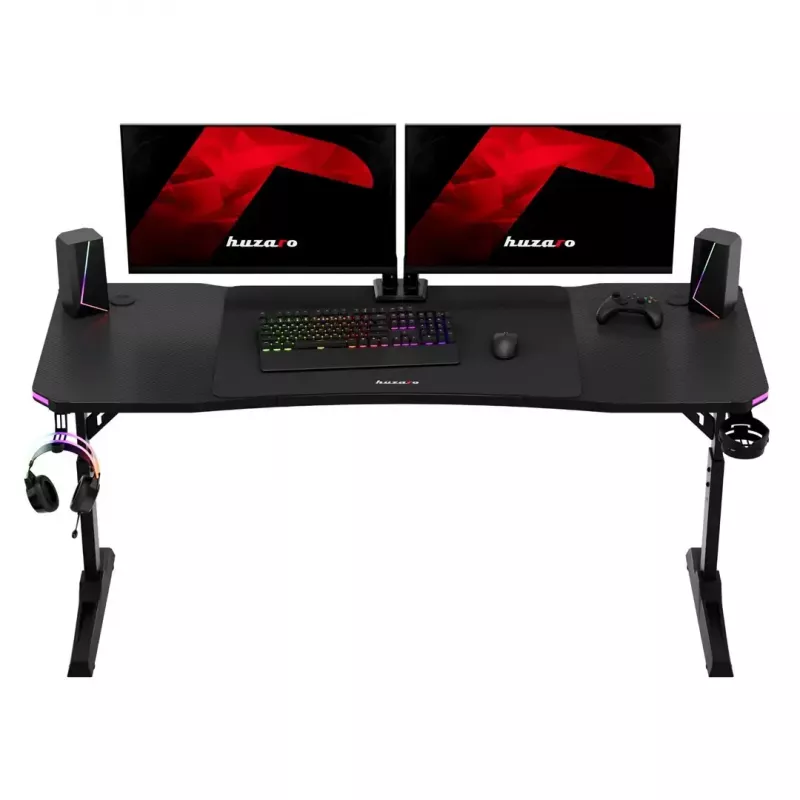 Biurko gamingowe huzaro Hero 4.6 RGB — czarny prostokątny blat 1600×600 mm, wysokość 560–790 mm, nogi w kształcie H, podświetlenie RGB