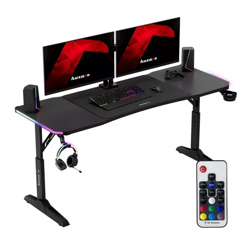 Biurko gamingowe huzaro Hero 4.6 RGB — czarny prostokątny blat 1600×600 mm, wysokość 560–790 mm, nogi w kształcie H, podświetlenie RGB