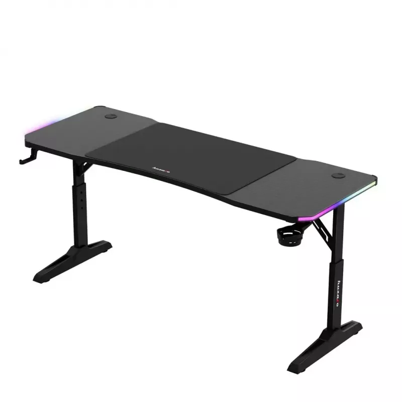 Biurko gamingowe huzaro Hero 4.6 RGB — czarny prostokątny blat 1600×600 mm, wysokość 560–790 mm, nogi w kształcie H, podświetlenie RGB