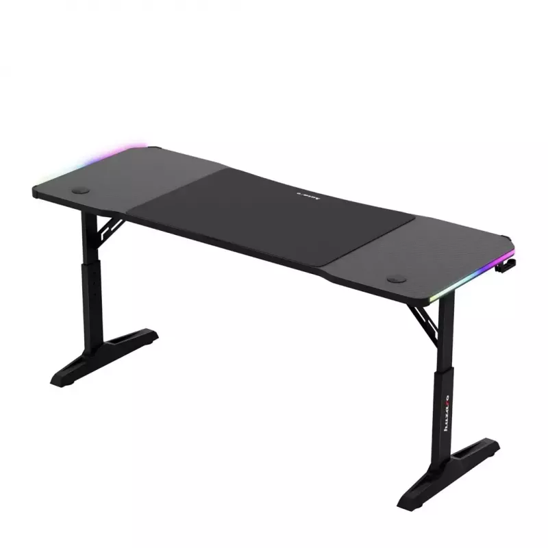 Biurko gamingowe huzaro Hero 4.6 RGB — czarny prostokątny blat 1600×600 mm, wysokość 560–790 mm, nogi w kształcie H, podświetlenie RGB
