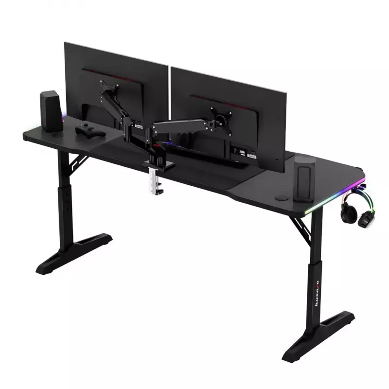Biurko gamingowe huzaro Hero 4.6 RGB — czarny prostokątny blat 1600×600 mm, wysokość 560–790 mm, nogi w kształcie H, podświetlenie RGB