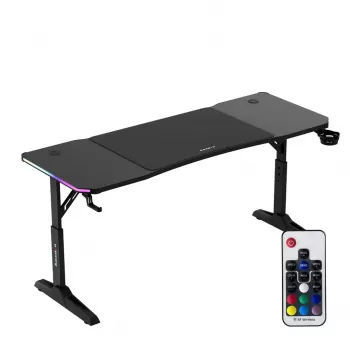 Biurko gamingowe huzaro Hero 4.6 RGB — czarny prostokątny blat 1600×600 mm, wysokość 560–790 mm, nogi w kształcie H, podświetlenie RGB
