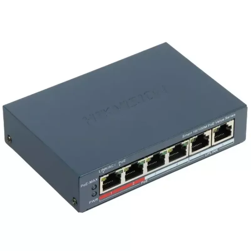 Przełącznik sieciowy Hikvision DS-3E1106P-EI — 6-portowy przełącznik Ethernet PoE, niezarządzalny, 10/100 Mbps