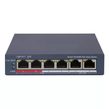Przełącznik sieciowy Hikvision DS-3E1106P-EI — 6-portowy przełącznik Ethernet PoE, niezarządzalny, 10/100 Mbps