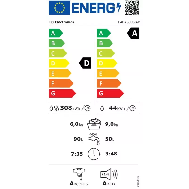 LG F4DR509SBW pralko-suszarka Wolnostojąca Ładowanie od przodu Czarny, Biały
