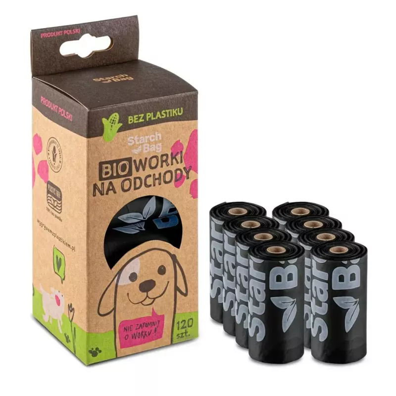 Worki na odchody Starch Bag STARCHBAG BIO czarne 8×15 szt. kompostowalne worki z włókien roślinnych na kocie odpady
