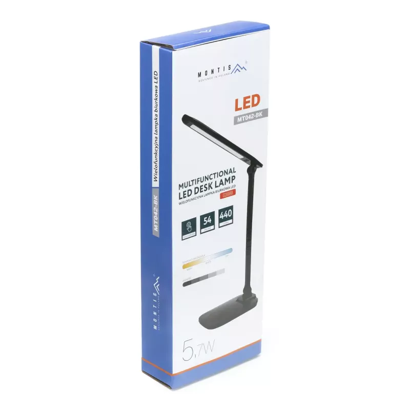 Lampa biurkowa MONTIS MT042-BK, LED 5,7 W, ściemniana, 440 lm, 3000–5400 K, czarna, 410×144×58 mm