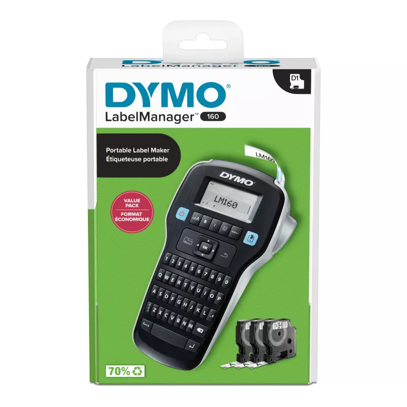 DYMO LabelManager 160 Zestaw startowy etykieciarki z 3 rolkami taśmy D1 | Ręczna drukarka etykiet | Klawiatura QWERTY | Idealna do biura lub domu