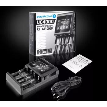 Ładowarka do akumulatorów everActive UC-4000 do akumulatorów domowych AA/AAA, 4 gniazda, 100–240 V, czarna