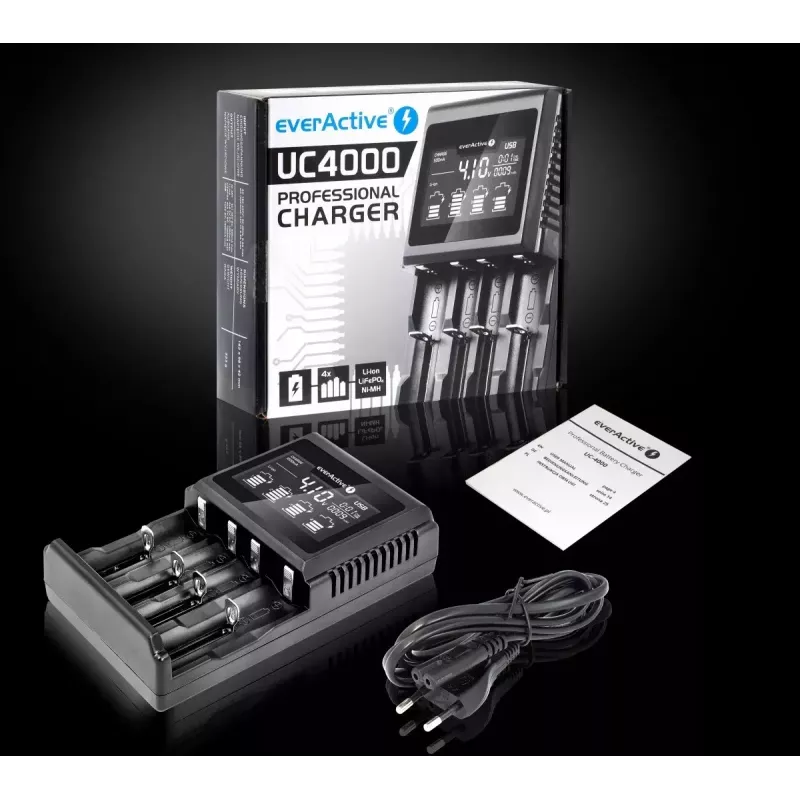 Ładowarka do akumulatorów everActive UC-4000 do akumulatorów domowych AA/AAA, 4 gniazda, 100–240 V, czarna