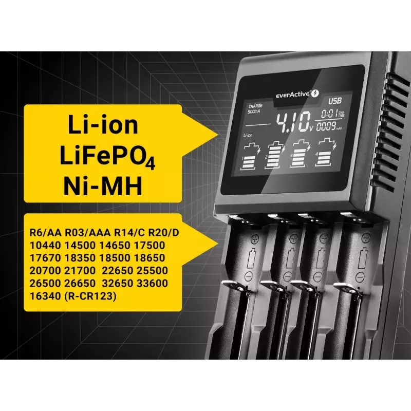 Ładowarka do akumulatorów everActive UC-4000 do akumulatorów domowych AA/AAA, 4 gniazda, 100–240 V, czarna