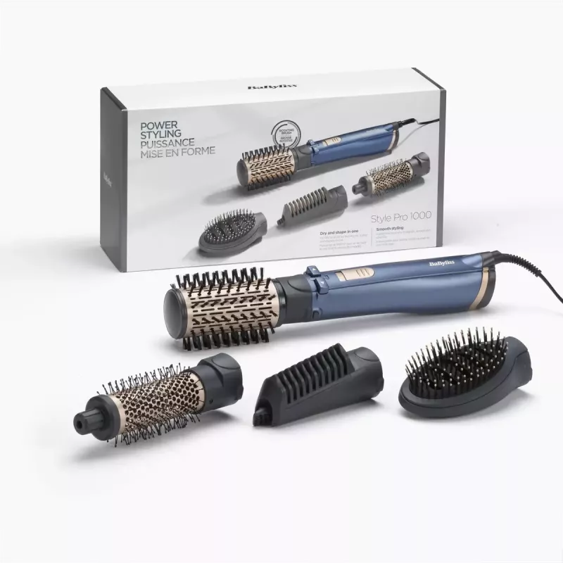 Szczotka do suszenia włosów BaByliss Style Pro 1000 AS965E — 1000 W, przewód 2,5 m, 4 końcówki, grzałka ceramiczna, jonizacja, automatyczny obrót