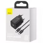 Ładowarka sieciowa Baseus TZCCSUP-L01, USB-C 1 port, 18W, 100–240V AC, kabel 1 m, czarna