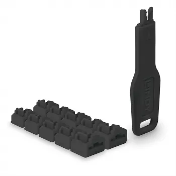 Zestaw blokad portów Lindy RJ45 Port Locks Czarny — 10 sztuk + 1 klucz, kompatybilne z portami RJ-45