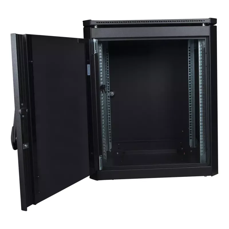Wolnostojący stojak Lanview RDL12U66BL — 12U, 600 kg, zamek na klucz, regulowane nóżki, zarządzanie kablami, IP40, czarny