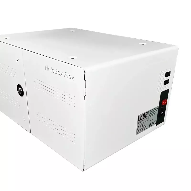 Przenośna szafka do zarządzania urządzeniami LEBA NoteBox 16 z zamkiem na klucz, portami USB-C, 12 W na urządzenie, USB 2.0, montaż na ścianie lub stole, biała