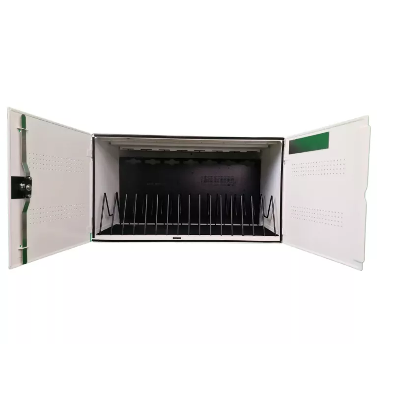 Przenośna szafka do zarządzania urządzeniami LEBA NoteBox 16 z zamkiem na klucz, portami USB-C, 12 W na urządzenie, USB 2.0, montaż na ścianie lub stole, biała