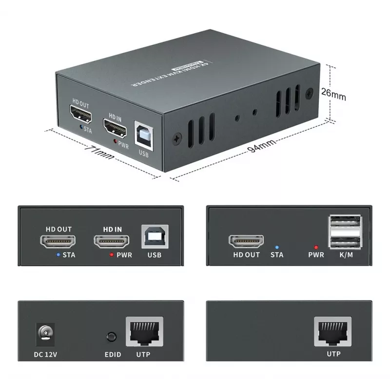 Przedłużacz AV (nadajnik i odbiornik) LEVELONE HVE-8111, 3840x2160, Cat6, USB-A/USB-B, DC 12V (2 szt.)