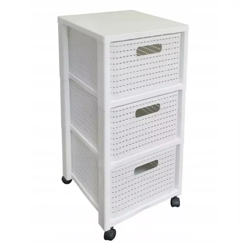 Półka plastikowa rotho Country 3-szufladowa, biała, 71,2×32,5×37,5 cm, technopolimer, kółka
