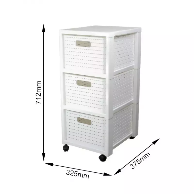 Półka plastikowa rotho Country 3-szufladowa, biała, 71,2×32,5×37,5 cm, technopolimer, kółka