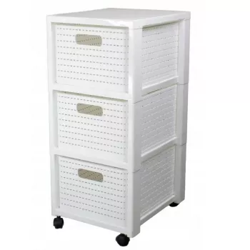 Półka plastikowa rotho Country 3-szufladowa, biała, 71,2×32,5×37,5 cm, technopolimer, kółka