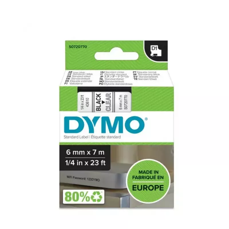 Autentyczne etykiety DYMO D1 | Czarny nadruk na przezroczystej taśmie | 6 mm x 7 m | Etykiety samoprzylepne do drukarek etykiet LabelManager | Wyprodukowano w Europie