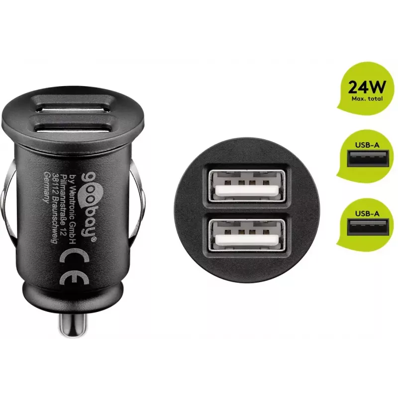 Goobay Ładowarka samochodowa Dual-USB 24 W czarna Szybkie ładowanie Zabezpieczenie przed przetężeniem