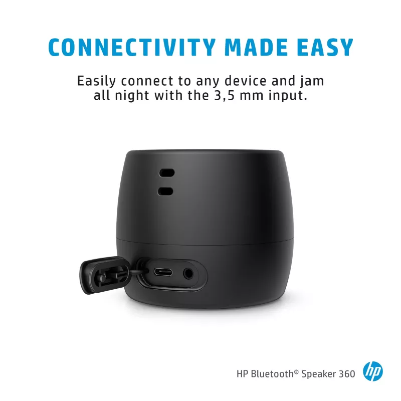 HP Black Bluetooth Speaker 360, przewodowy i bezprzewodowy, przenośny głośnik mono, czarny, cylinder, przyciski, uniwersalny