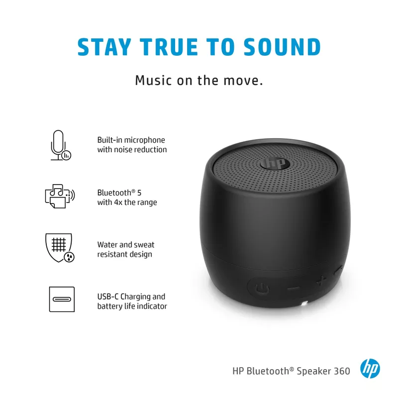 HP Black Bluetooth Speaker 360, przewodowy i bezprzewodowy, przenośny głośnik mono, czarny, cylinder, przyciski, uniwersalny