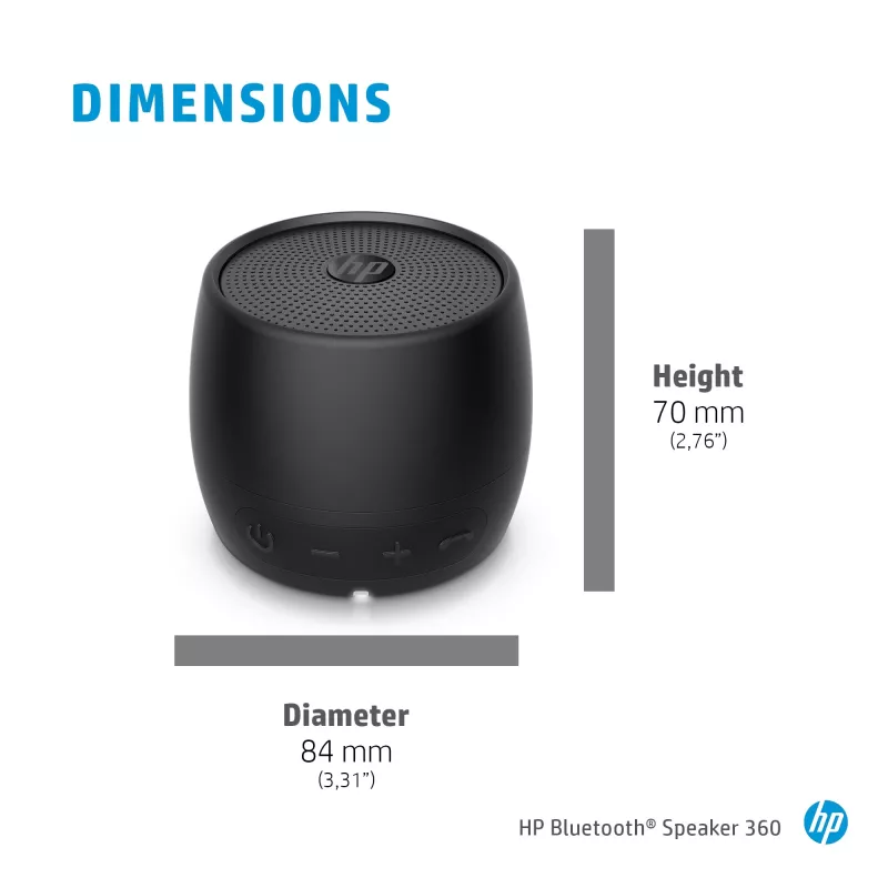 HP Black Bluetooth Speaker 360, przewodowy i bezprzewodowy, przenośny głośnik mono, czarny, cylinder, przyciski, uniwersalny