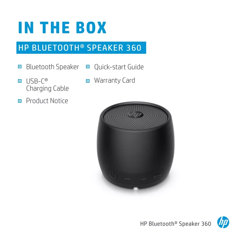 HP Black Bluetooth Speaker 360, przewodowy i bezprzewodowy, przenośny głośnik mono, czarny, cylinder, przyciski, uniwersalny