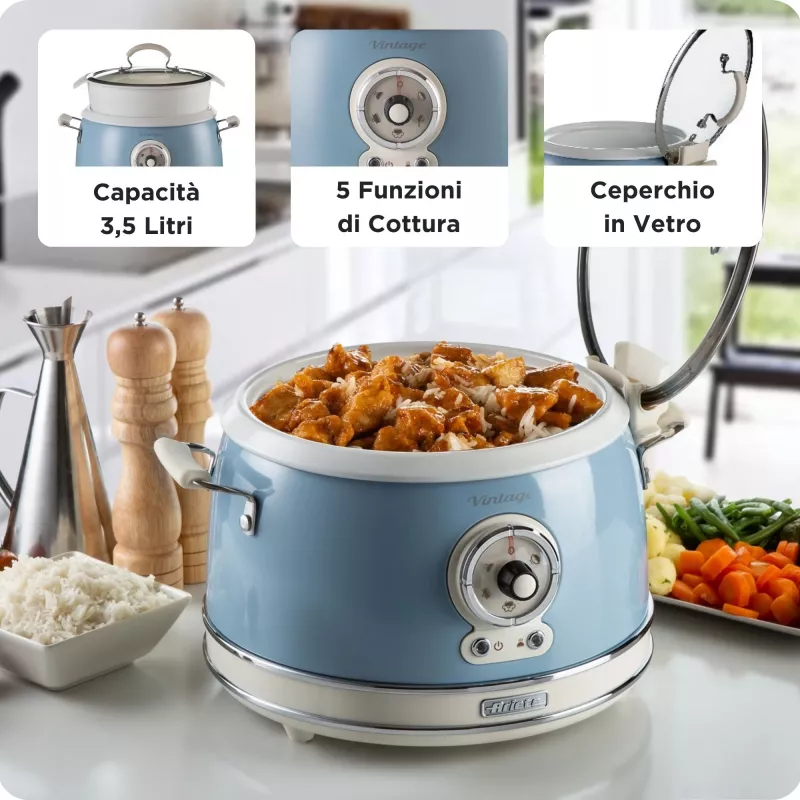 Ariete 2904 Ryżowarka - Elektryczna ryżowarka z ceramiczną misą - Domowe Sushi - Multicooker - Vintage Line - 3.5 L - 650 W - Niebieski