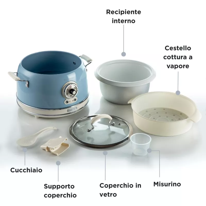 Ariete 2904 Ryżowarka - Elektryczna ryżowarka z ceramiczną misą - Domowe Sushi - Multicooker - Vintage Line - 3.5 L - 650 W - Niebieski