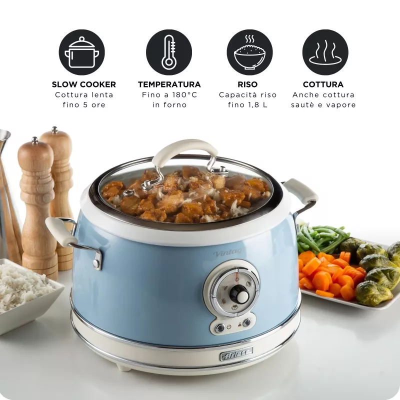 Ariete 2904 Ryżowarka - Elektryczna ryżowarka z ceramiczną misą - Domowe Sushi - Multicooker - Vintage Line - 3.5 L - 650 W - Niebieski