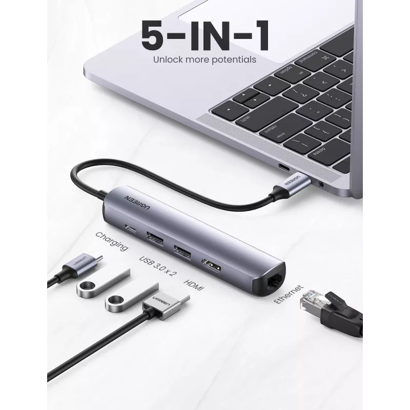 Ugreen 10919 stacja dokująca/replikator portów do laptopa Przewodowa USB 3.2 Gen 1 (3.1 Gen 1) Type-C Szary