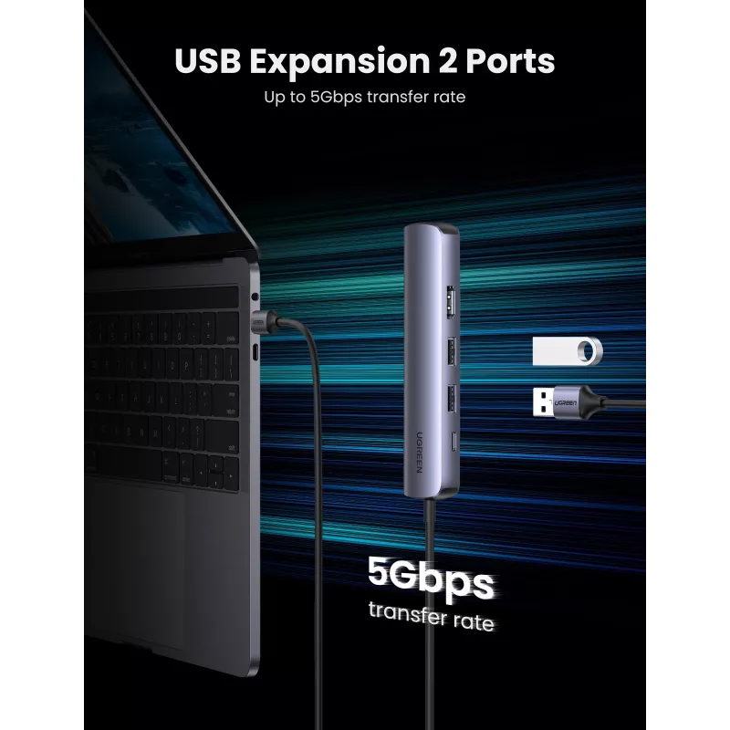 Ugreen 10919 stacja dokująca/replikator portów do laptopa Przewodowa USB 3.2 Gen 1 (3.1 Gen 1) Type-C Szary