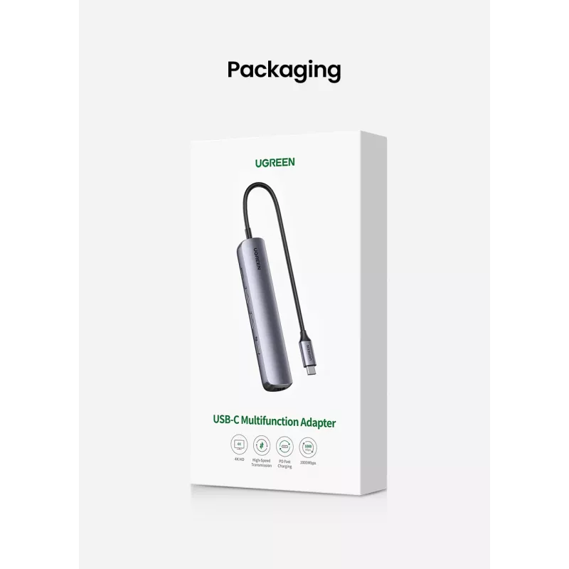 Ugreen 10919 stacja dokująca/replikator portów do laptopa Przewodowa USB 3.2 Gen 1 (3.1 Gen 1) Type-C Szary