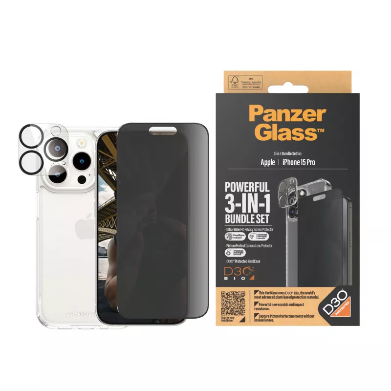 PanzerGlass Privacy 3-in-1 Pack iPhone 15 Pro Odporne na wstrząsy szkło hartowane