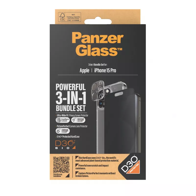 PanzerGlass Privacy 3-in-1 Pack iPhone 15 Pro Odporne na wstrząsy szkło hartowane