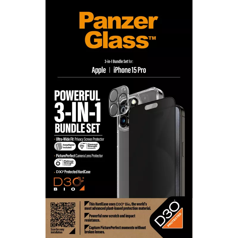 PanzerGlass Privacy 3-in-1 Pack iPhone 15 Pro Odporne na wstrząsy szkło hartowane