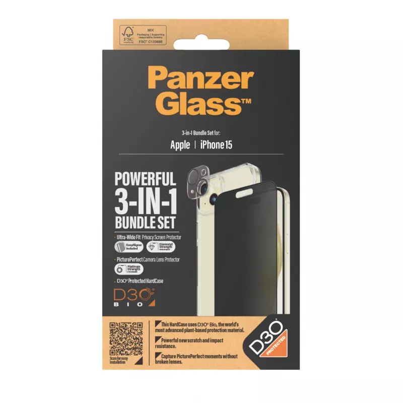 PanzerGlass ® Privacy 3-w-1 Zestaw iPhone 15 Odporne na wstrząsy Szkło Hartowane