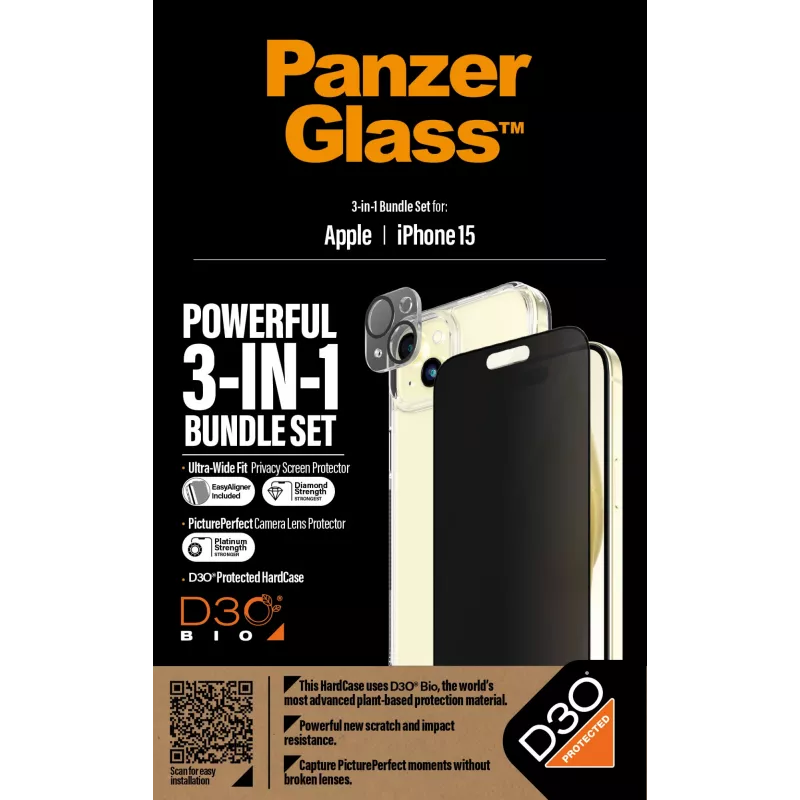 PanzerGlass ® Privacy 3-w-1 Zestaw iPhone 15 Odporne na wstrząsy Szkło Hartowane