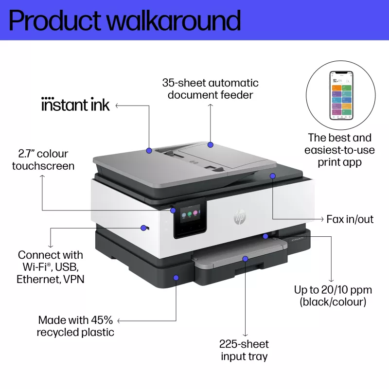 HP OfficeJet Pro 8134e Bezprzewodowa kolorowa drukarka wielofunkcyjna, Instant Ink; Druk dwustronny