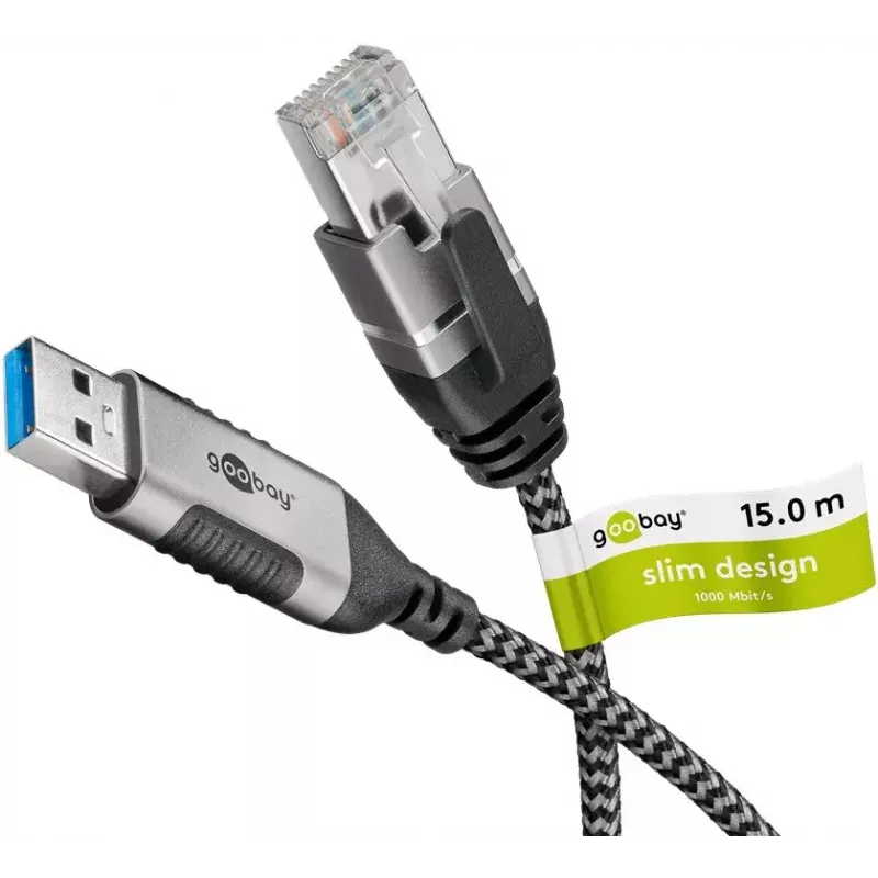Adapter kablowy Goobay 74400 USB 3.0 Typ A RJ45 15m Czarny Srebrny
