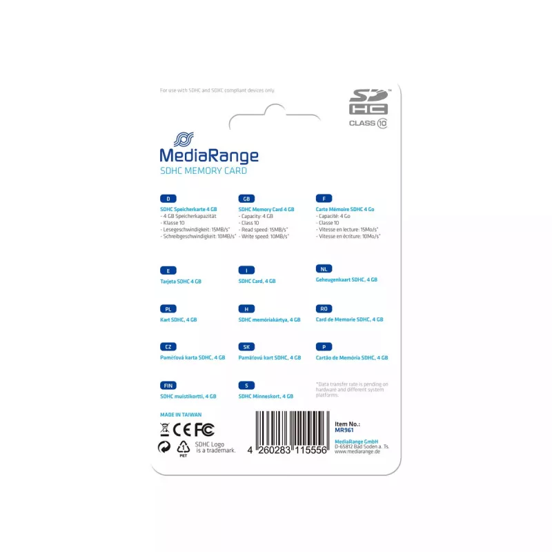 Flash Memory MediaRange 4GB SDHC Class 10 MR961