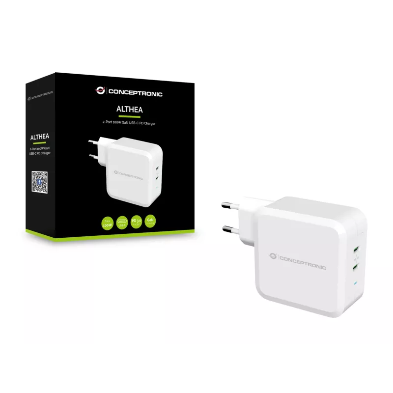 Conceptronic ALTHEA 2-Port 100W GaN USB-C PD Charger, Indoor, AC, 5 V, 5 A, biały