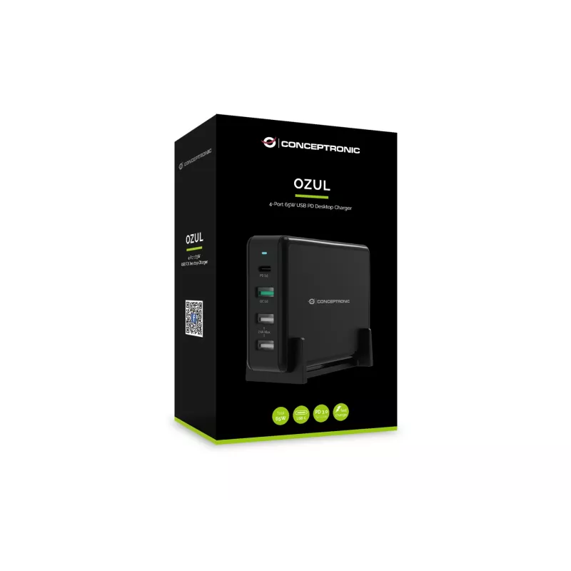 Conceptronic OZUL 4-Port 65W USB PD Desktop Charger, Indoor, AC, 5 V, Czarny