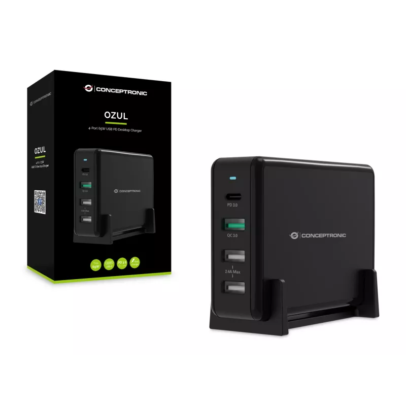 Conceptronic OZUL 4-Port 65W USB PD Desktop Charger, Indoor, AC, 5 V, Czarny