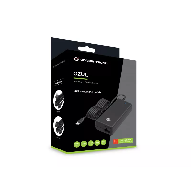 Conceptronic OZUL03BUK 100W GaN Desktop USB PD Charger, Built-in USB-C kabel, UK plug