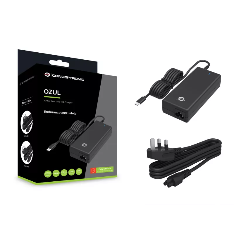 Conceptronic OZUL03BUK 100W GaN Desktop USB PD Charger, Built-in USB-C kabel, UK plug